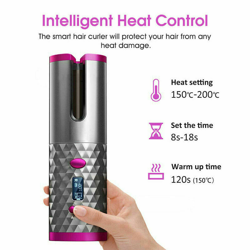 Hair Curler LCD Cordless Auto Rotating Waver Curling Iron Ceramic