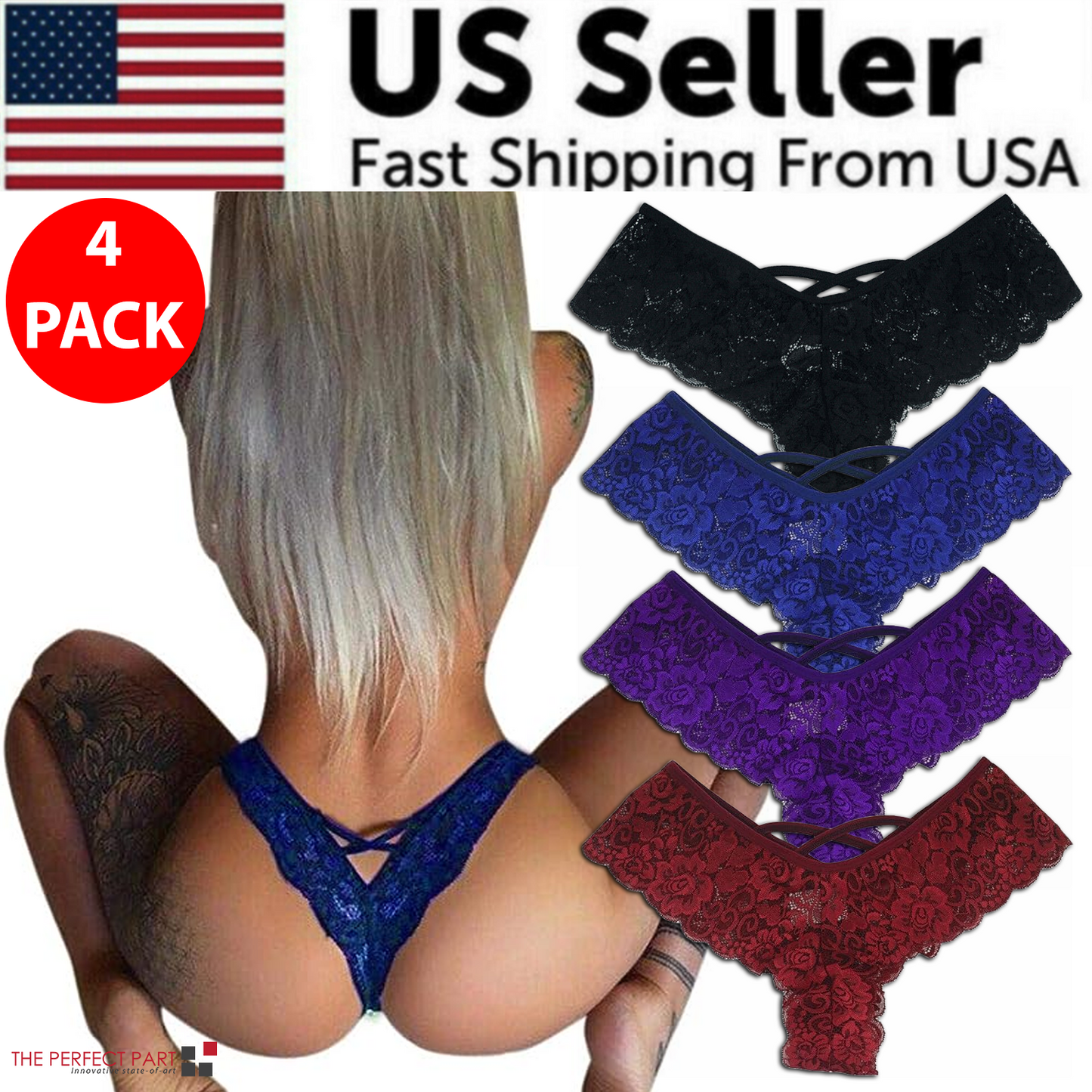 4 Pack Women Sexy Lace Underwear Lingerie Panties G-String Brief Thong