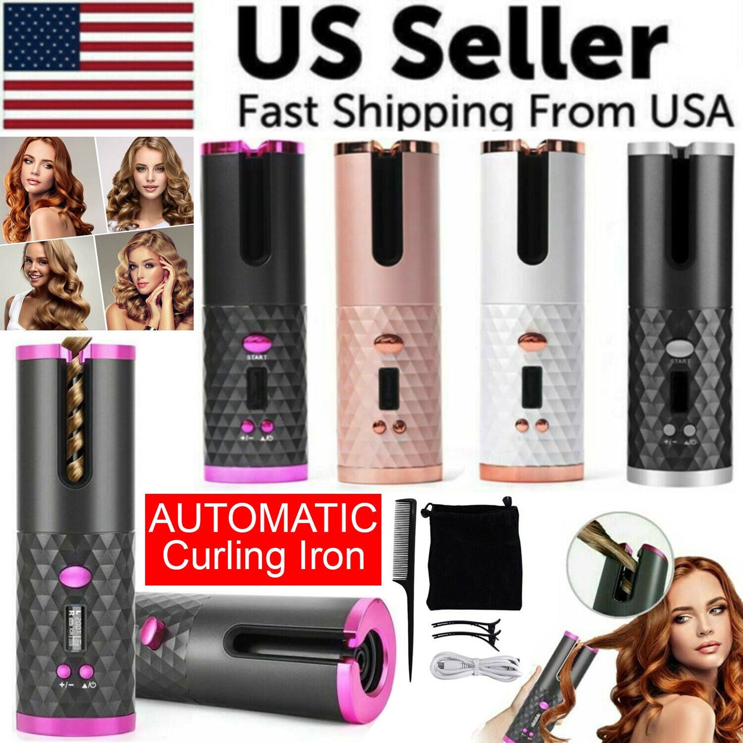 Hair Curler LCD Cordless Auto Rotating Waver Curling Iron Ceramic