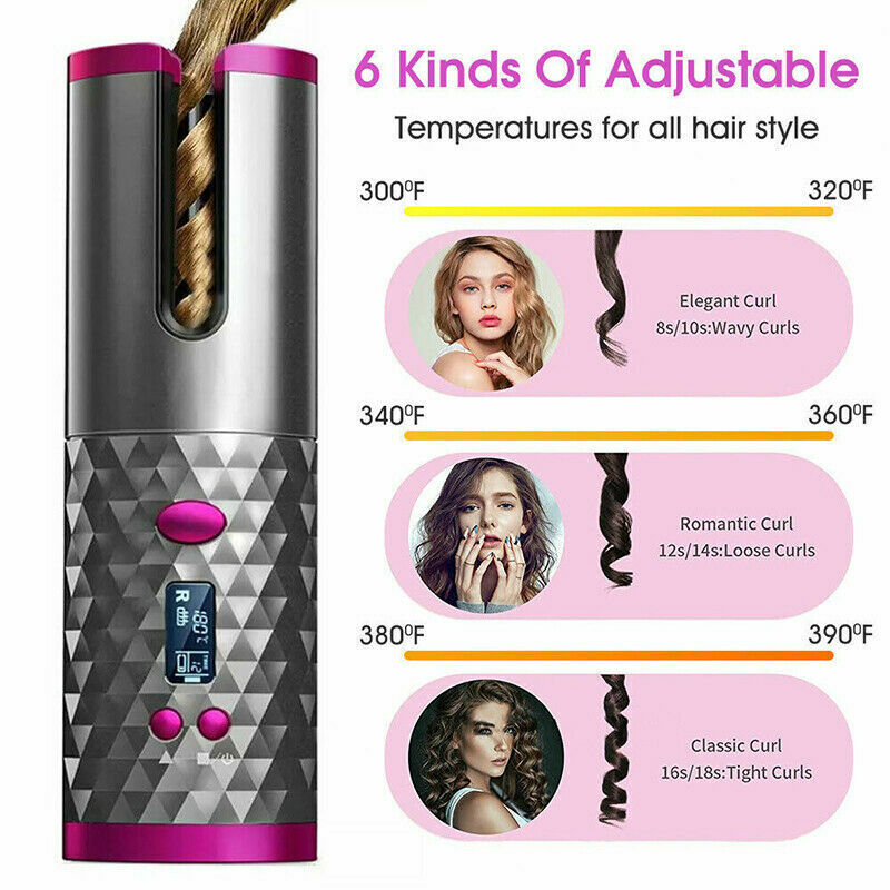 Hair Curler LCD Cordless Auto Rotating Waver Curling Iron Ceramic