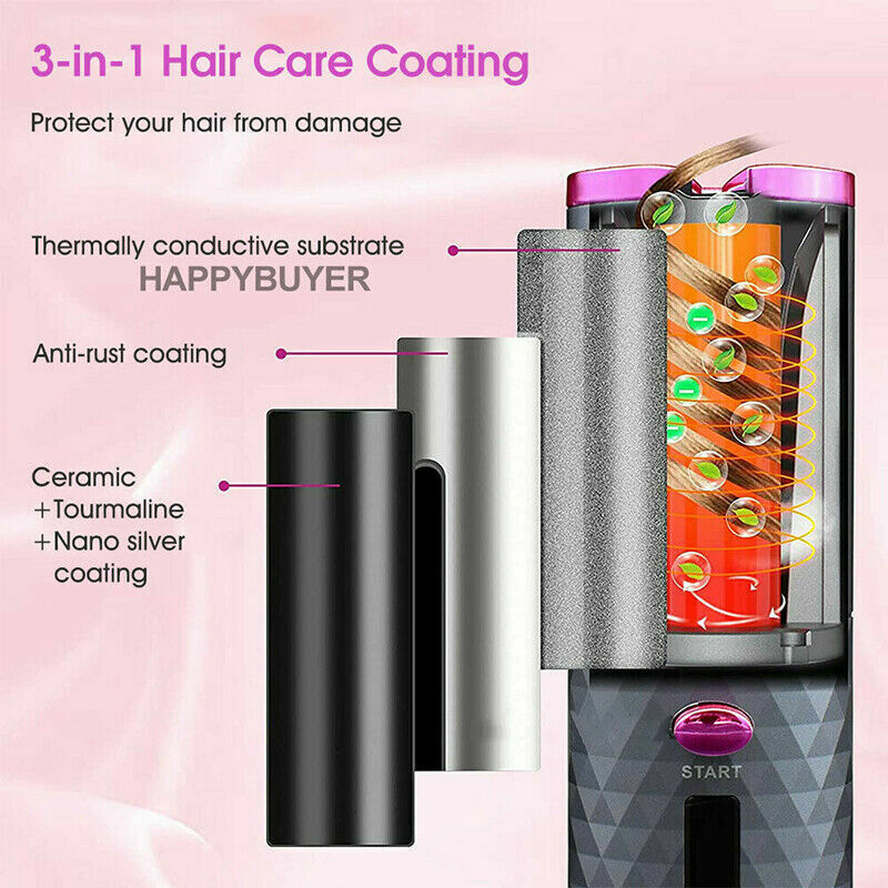 Hair Curler LCD Cordless Auto Rotating Waver Curling Iron Ceramic