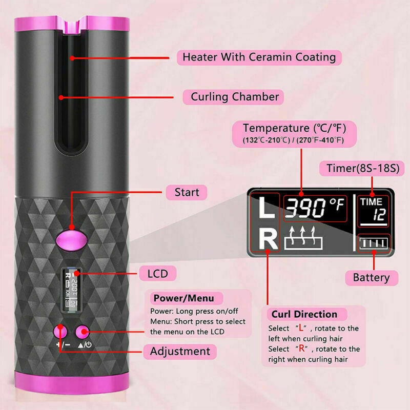 Hair Curler LCD Cordless Auto Rotating Waver Curling Iron Ceramic