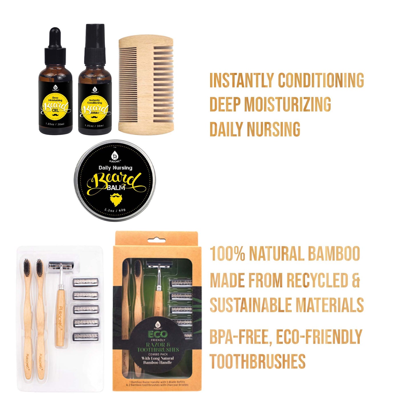 Pursonic Beard Care Grooming Kit & Eco Friendly Razor + Toothbrushes