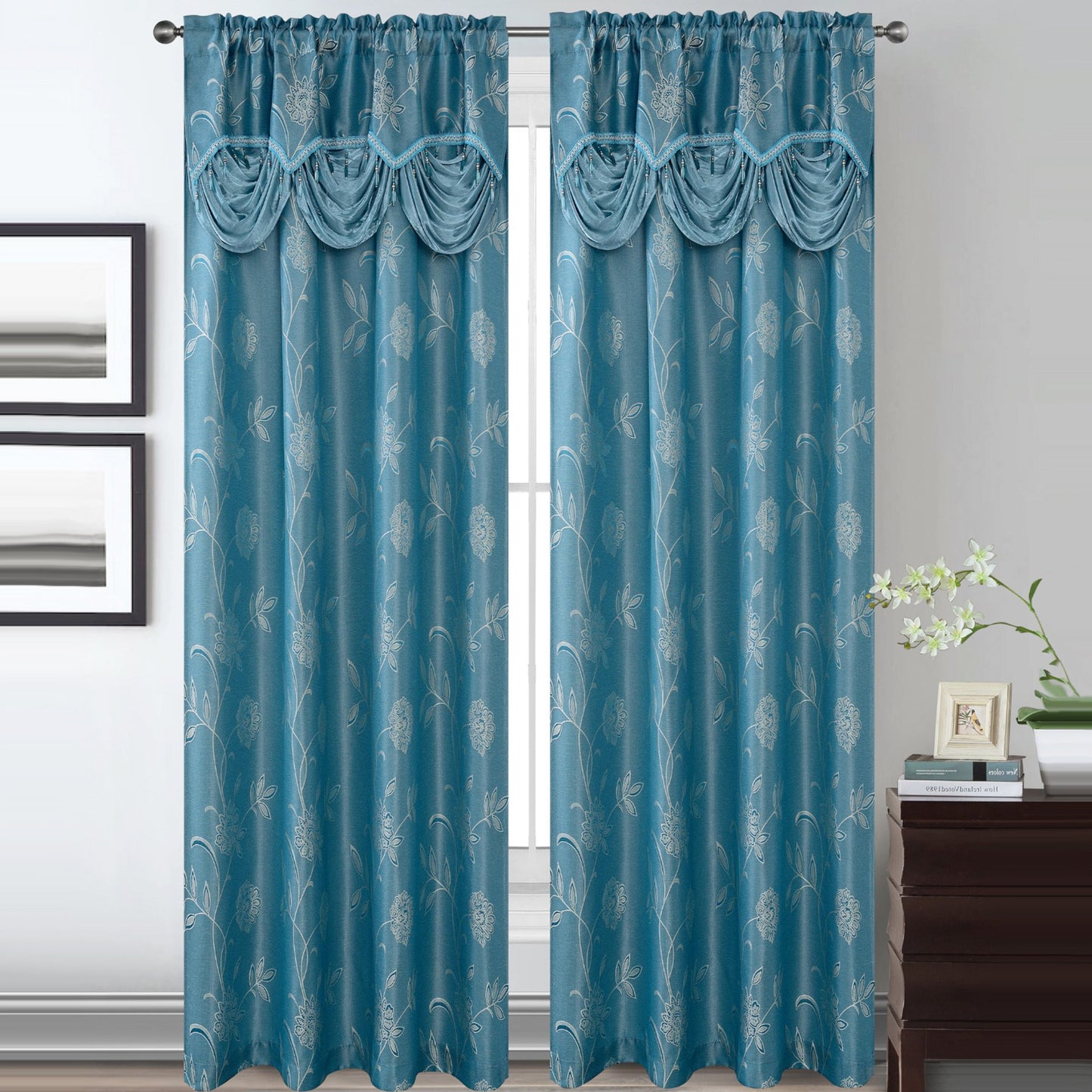 Lucia Jacquard Rod Pocket Panel with Attached Valance Set of Two -