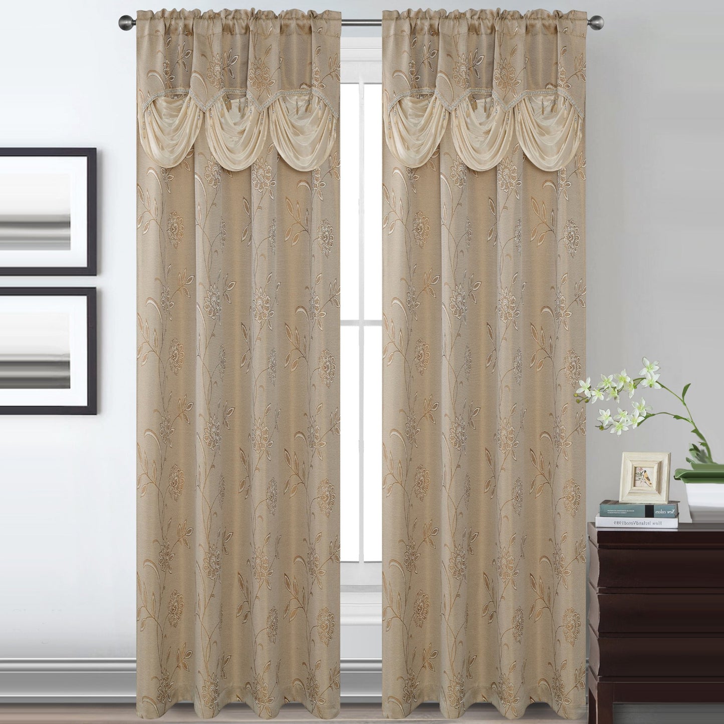 Lucia Jacquard Rod Pocket Panel with Attached Valance Set of Two -