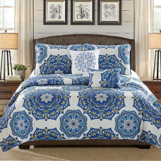 Karina - 5 Piece Quilt Set - Royal Blue Medallion