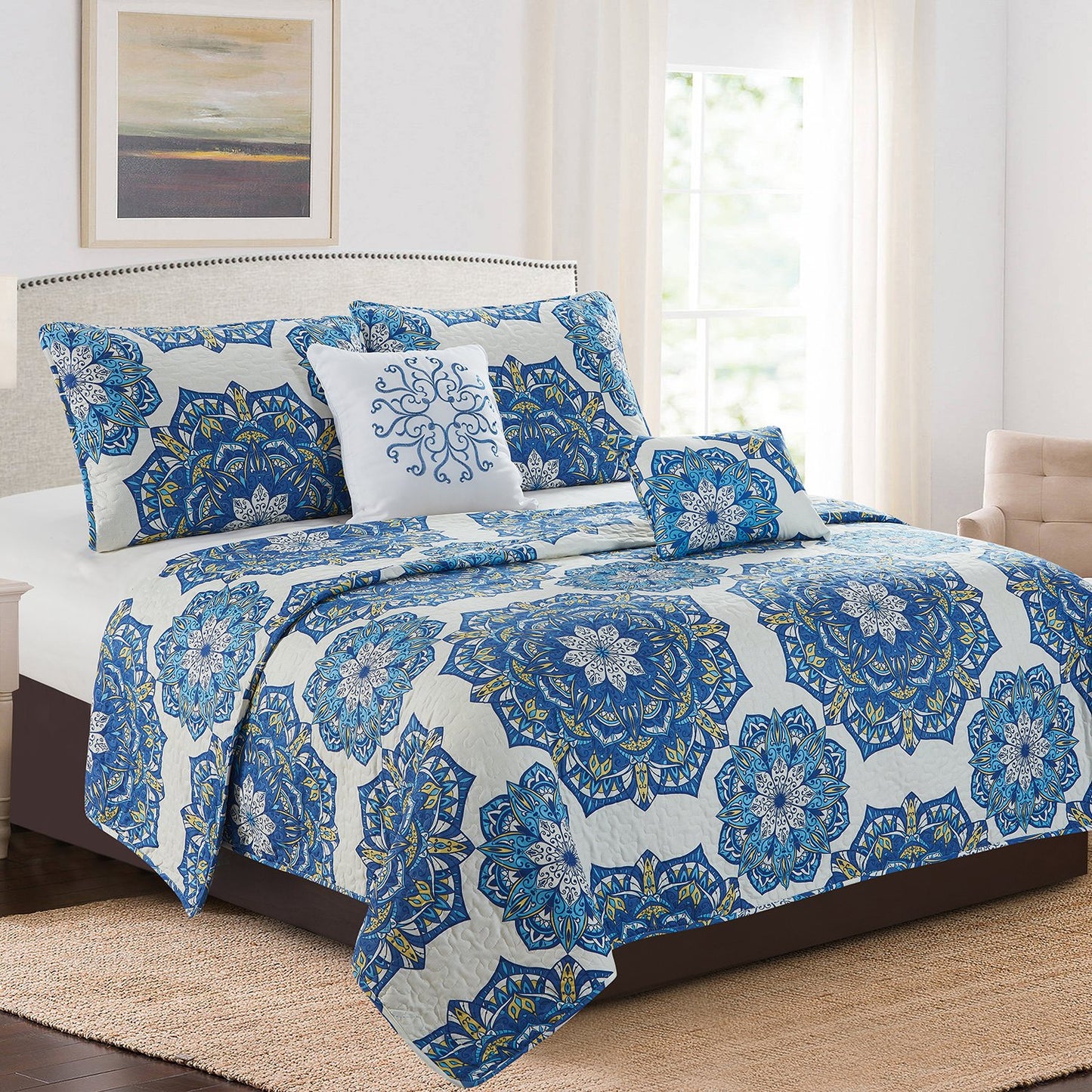 Karina - 5 Piece Quilt Set - Royal Blue Medallion