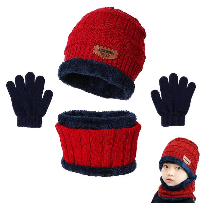 Winter Hat Scarf and Gloves Set Plush Warmer Children Knitted Hat Baby Boys Beanies Cap Neck Scarf Glove Suit For Kids Accessori