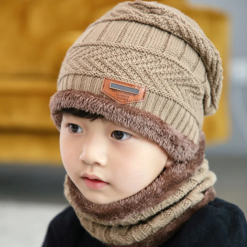 Winter Hat Scarf and Gloves Set Plush Warmer Children Knitted Hat Baby Boys Beanies Cap Neck Scarf Glove Suit For Kids Accessori