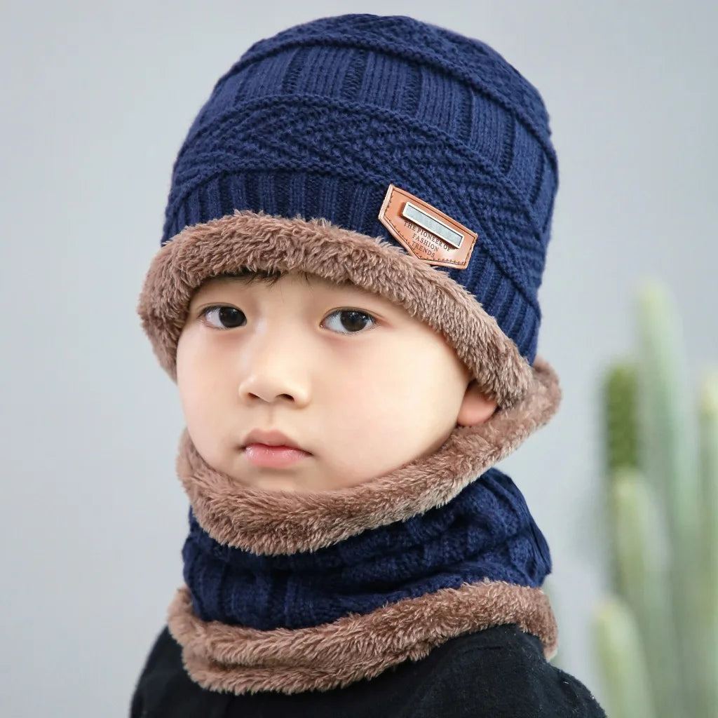 Winter Hat Scarf and Gloves Set Plush Warmer Children Knitted Hat Baby Boys Beanies Cap Neck Scarf Glove Suit For Kids Accessori