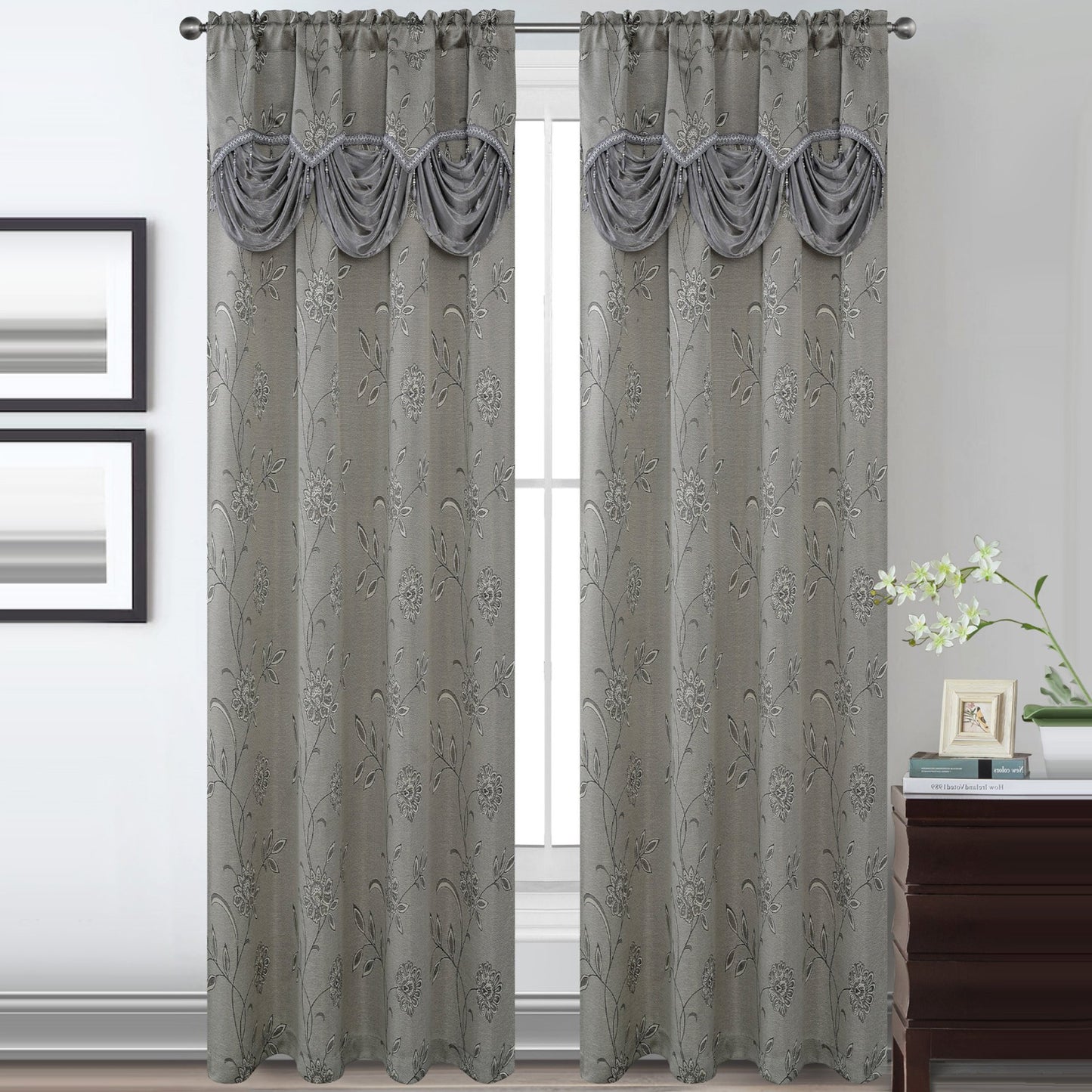 Lucia Jacquard Rod Pocket Panel with Attached Valance Set of Two -