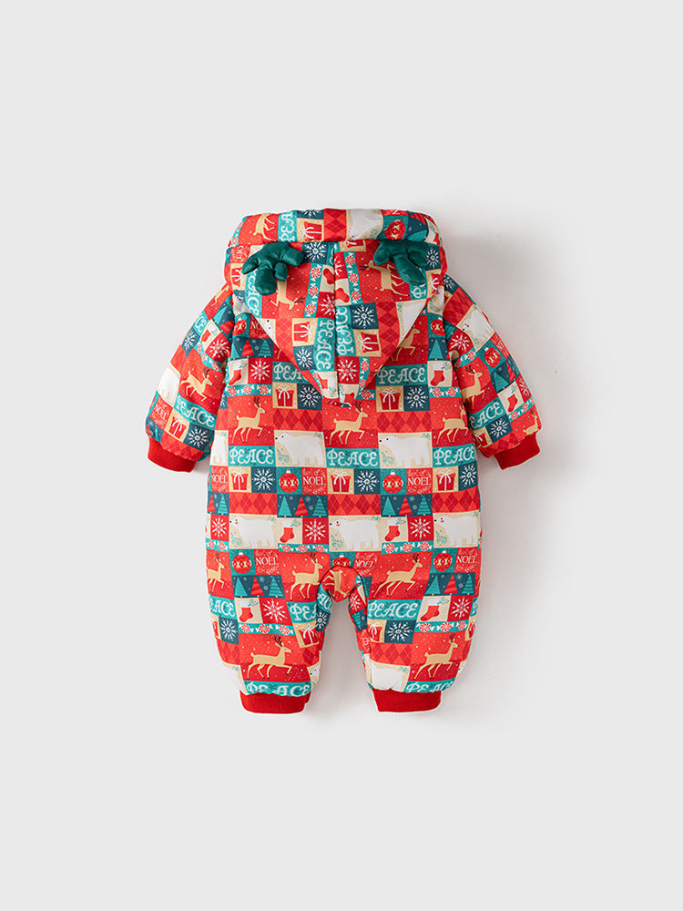 Winter Baby Christmas Red Plaid Patchwork Cartoon Thick Romper With